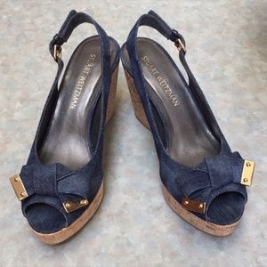 Stuart Weitzman Jean Peep Toe Denim/cork Sandals